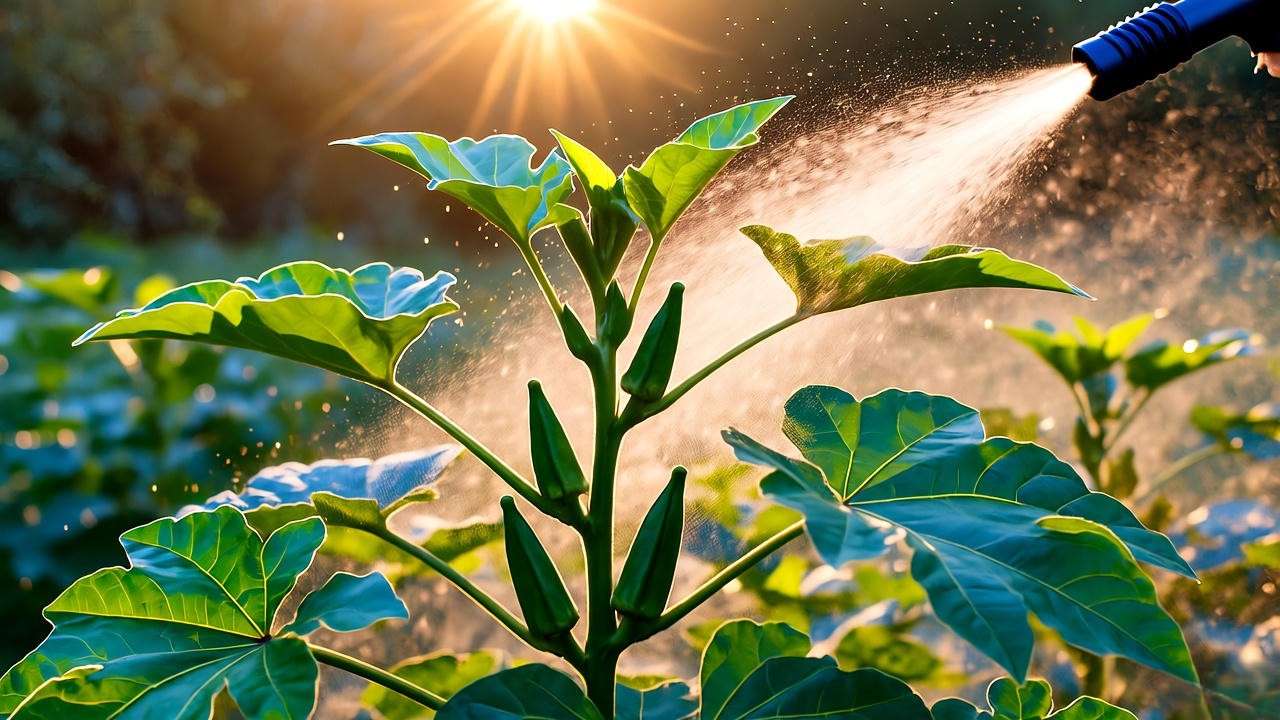 Applying Epsom salt foliar spray to full grown okra plant