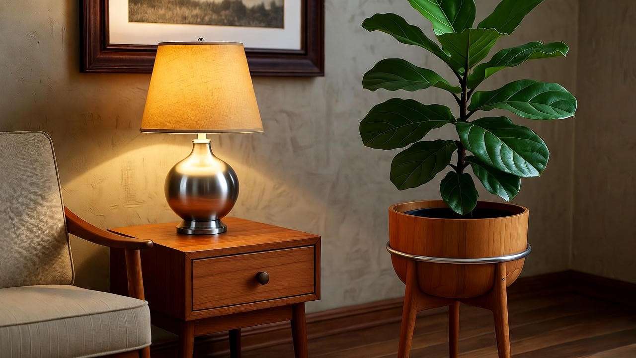 Mid-century wood and metal pedestal planter with fiddle leaf fig in a vintage corner"