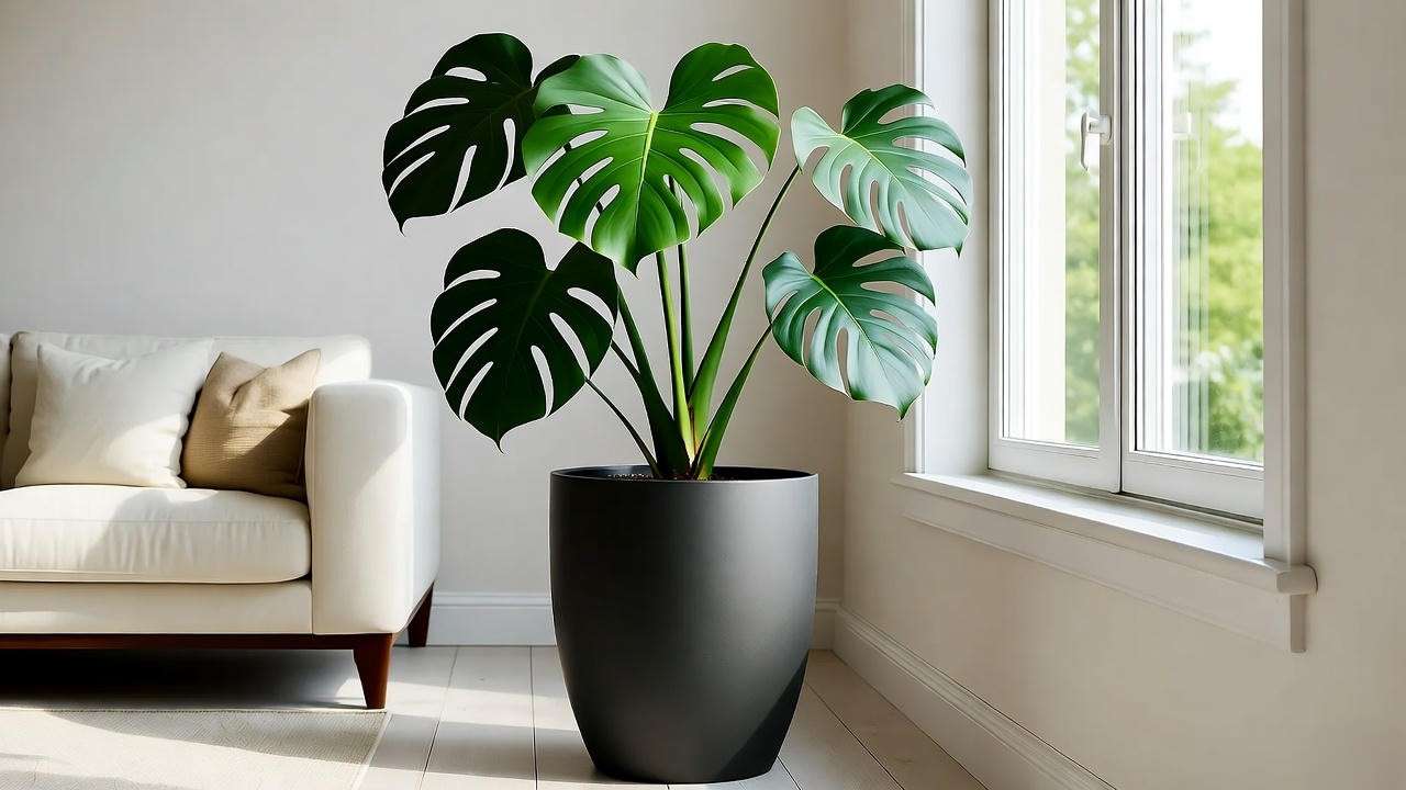 Matte black pedestal planter with monstera plant in a minimalist living room".