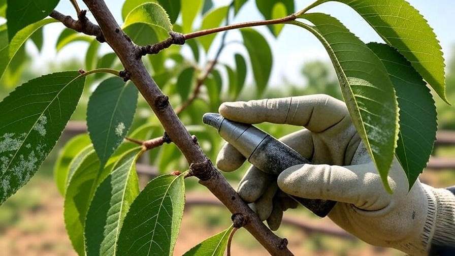 Cherry tree leaf with mildew and neem oil treatment." 