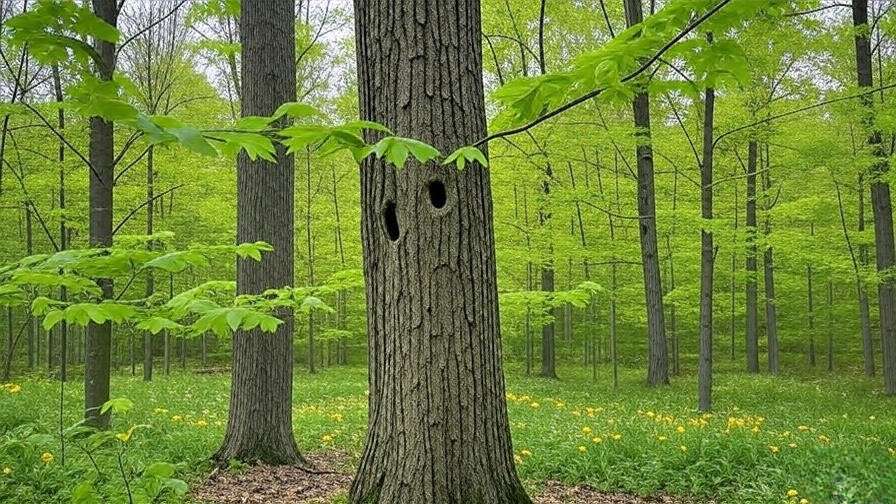 Vermont forest with ash tree damaged by emerald ash borer and healthy sugar maples".