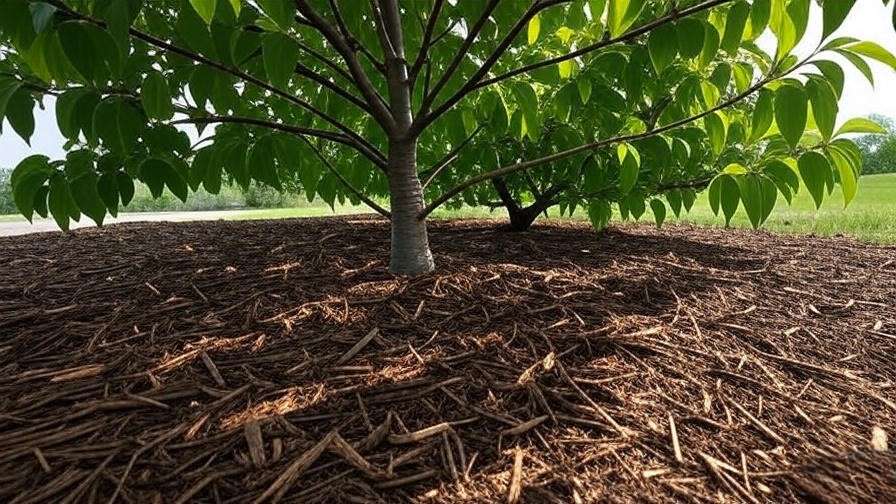 Cherry tree base with wood chip mulch for moisture retention." 