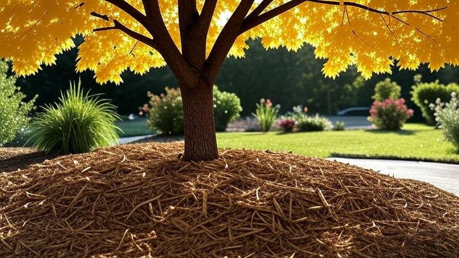 Close-up of a Princeton Gold Maple Tree trunk with proper mulching and healthy golden-yellow foliage."