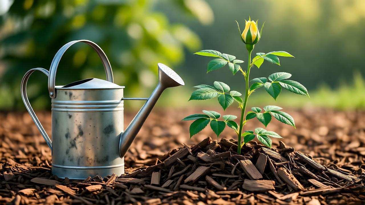 Damask rose plant mulched with bark chips and watering can in a lush garden."