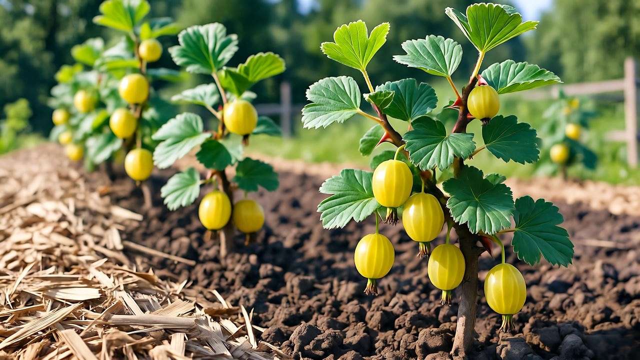 Row of yellow gooseberry plants with golden berries and organic mulch in a rustic garden."