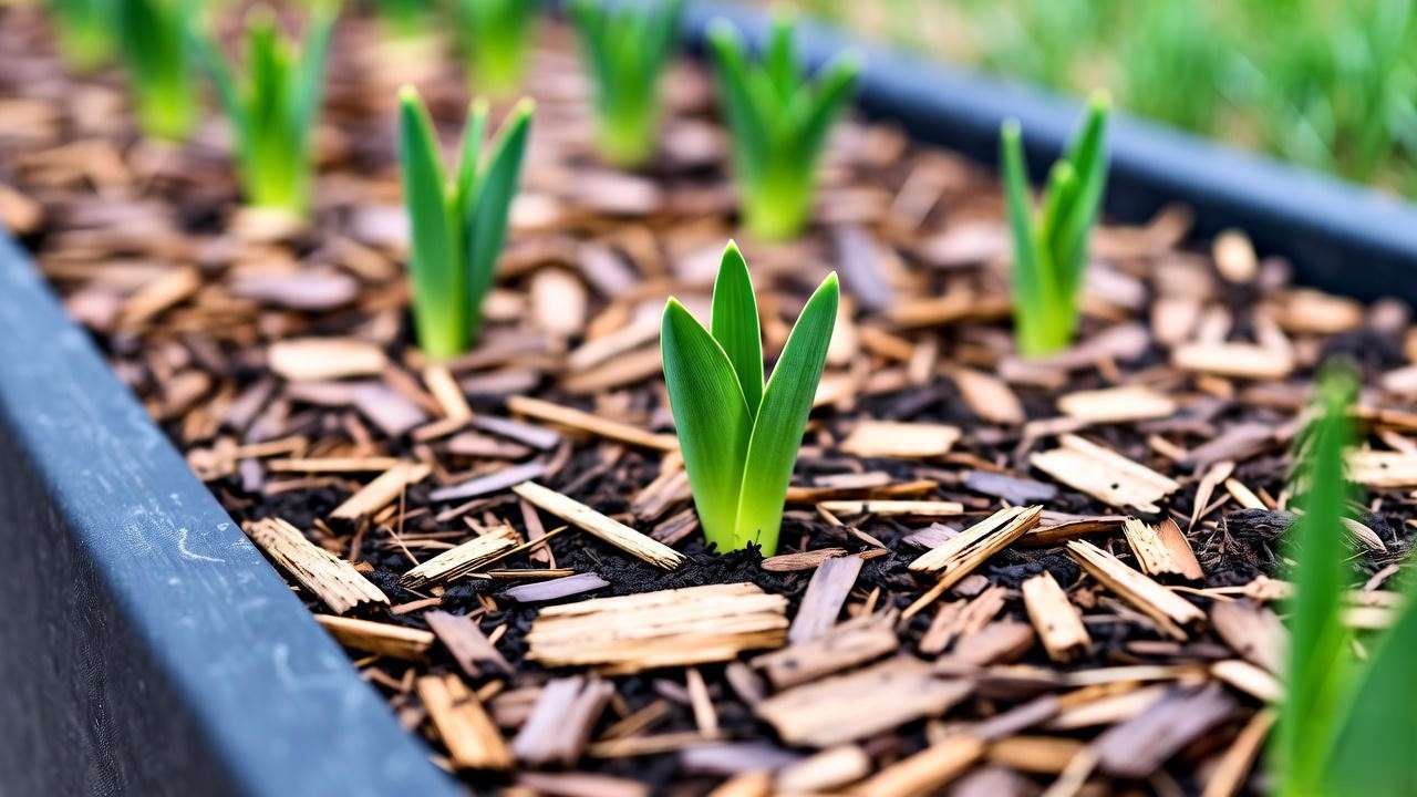 Mulched lily tree bed with young plants and bark covering the soil.