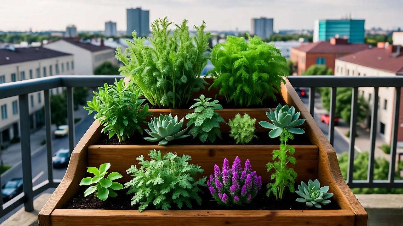 Multi-tiered pedestal planter with herbs and succulents on a balcony".