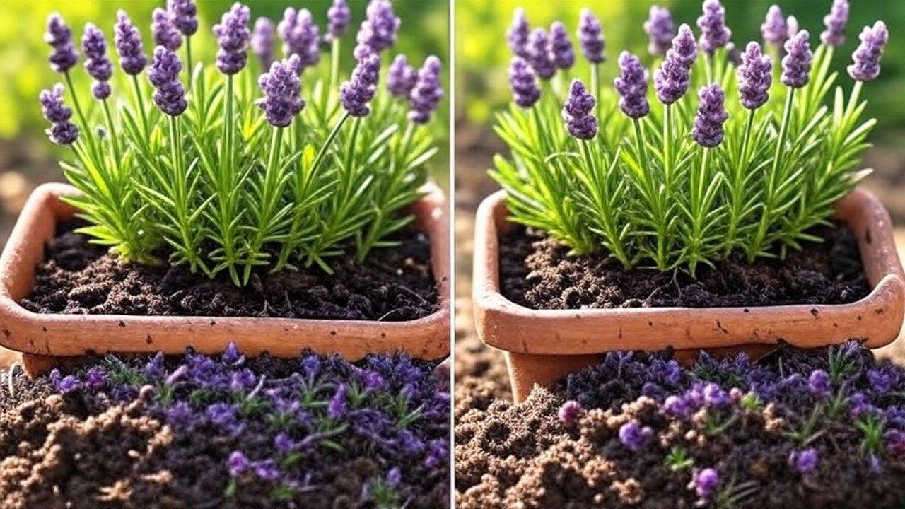 before and after repotting yellow lavender into gritty compost to fix root issues