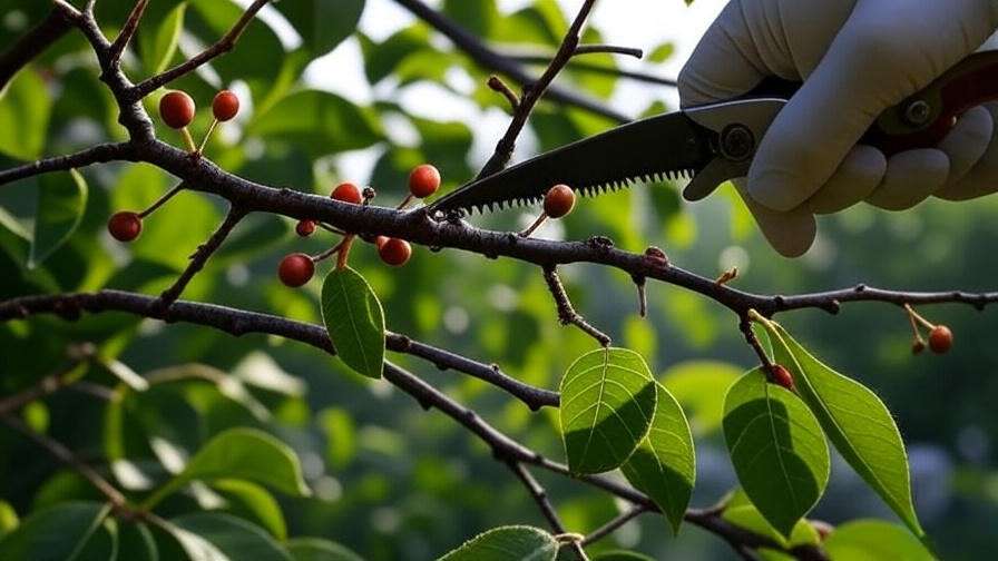 "Pruning diseased cherry tree branch with gumming sap and canker.