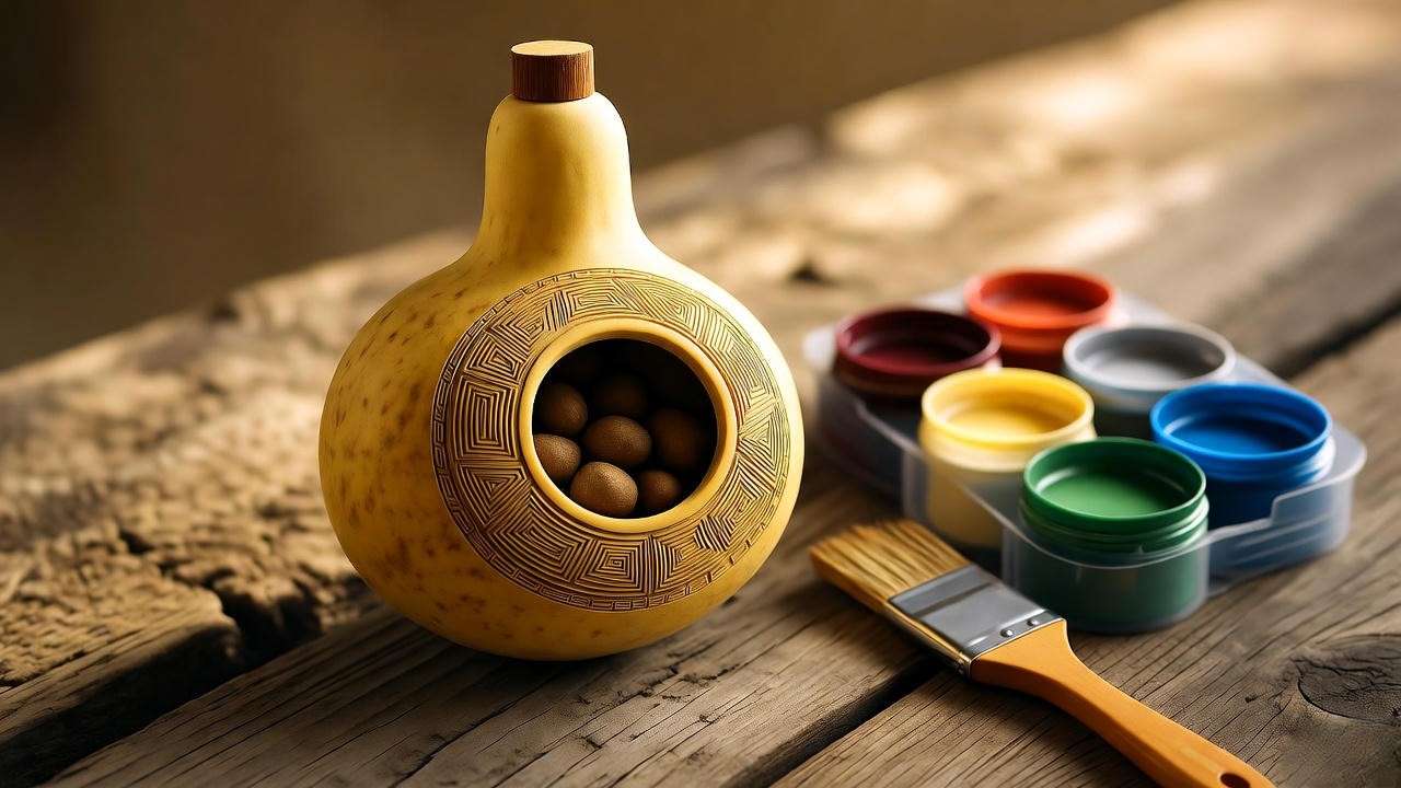 Handmade coyote gourd rattle craft using dried fruit and natural seal