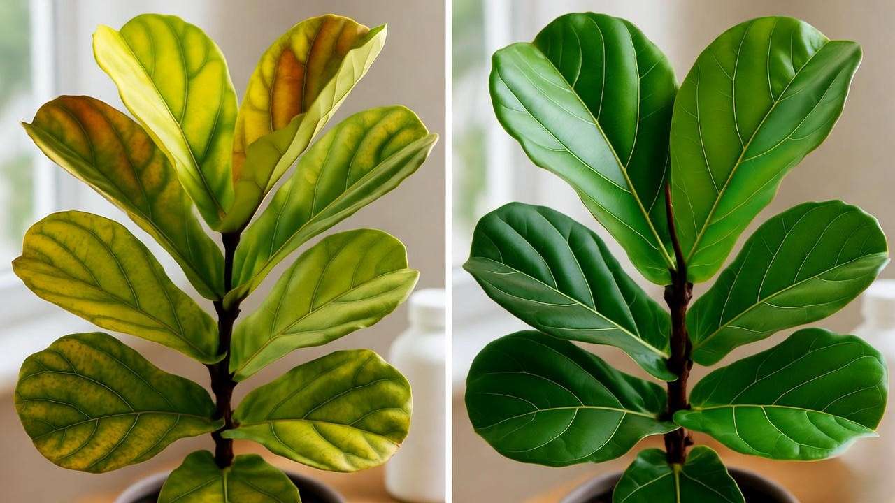 Before-and-after fiddle leaf fig with yellow leaves and healthy green leaves after fertilization."