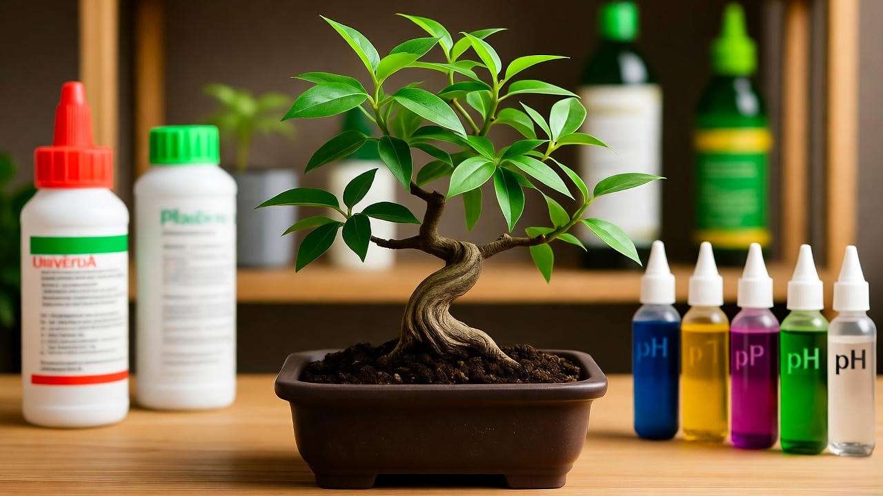 Bonsai weed plant in a pot with nutrient bottles and pH testing kit for care.