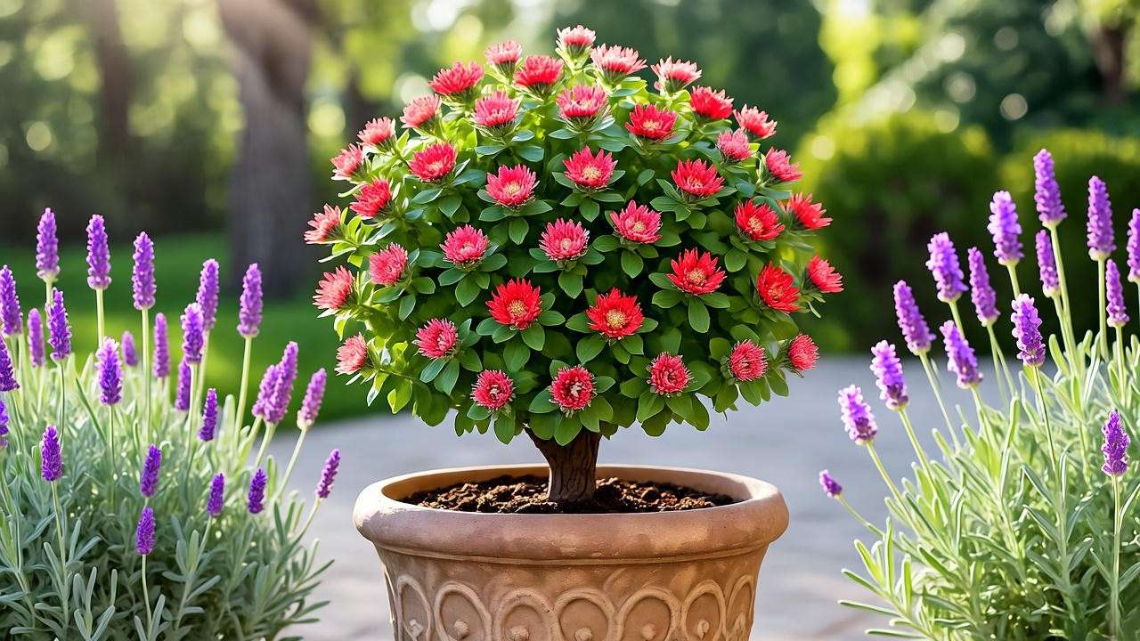 Pruned Little John Plant in a pot with lavender on a sunny pati