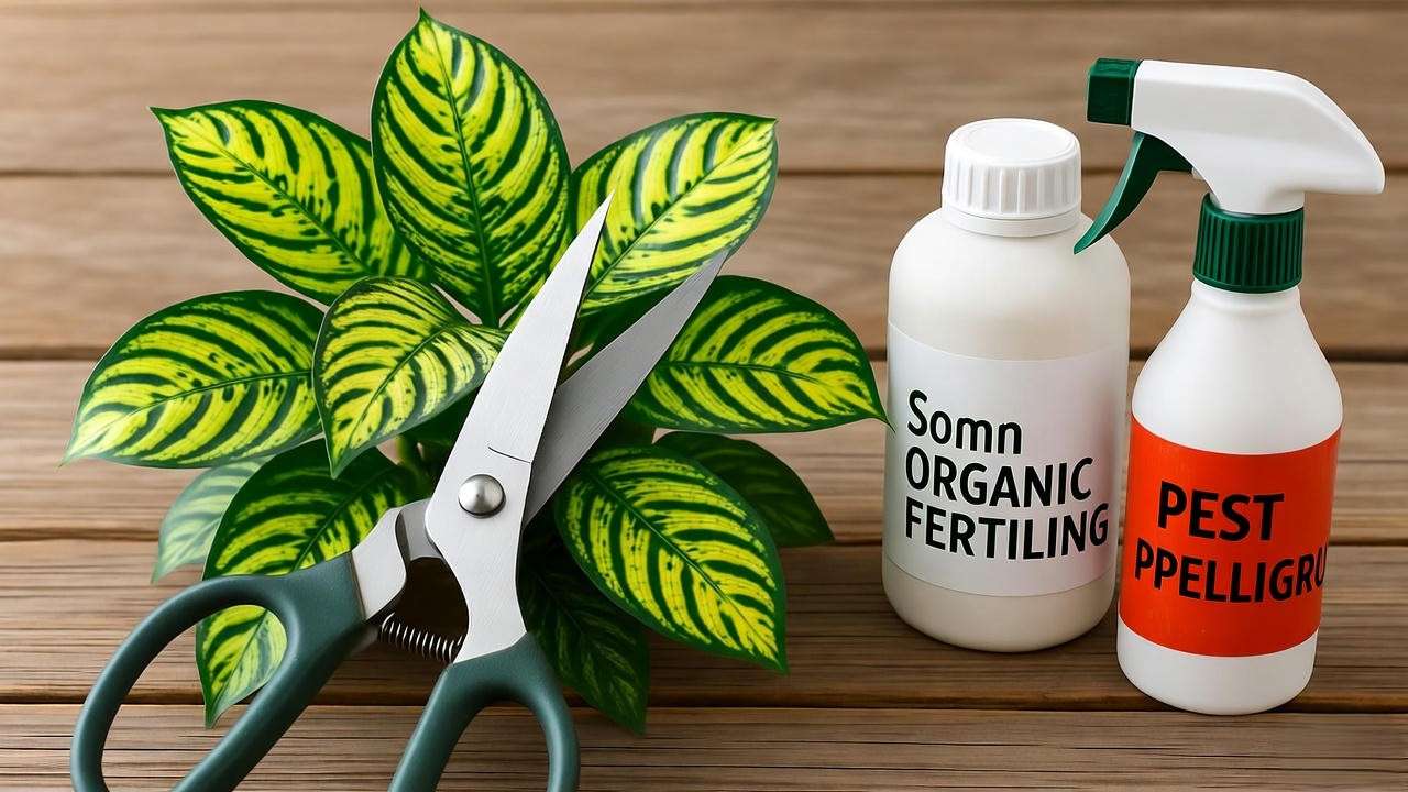 Batana plant pruning with shears, fertilizer, and pest spray on a table.