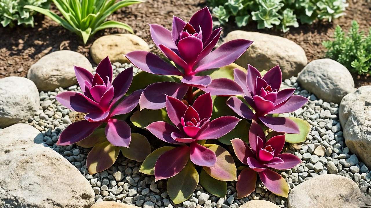 Dragon’s Blood Sedum thriving in a sunny rock garden with rocks and gravel."