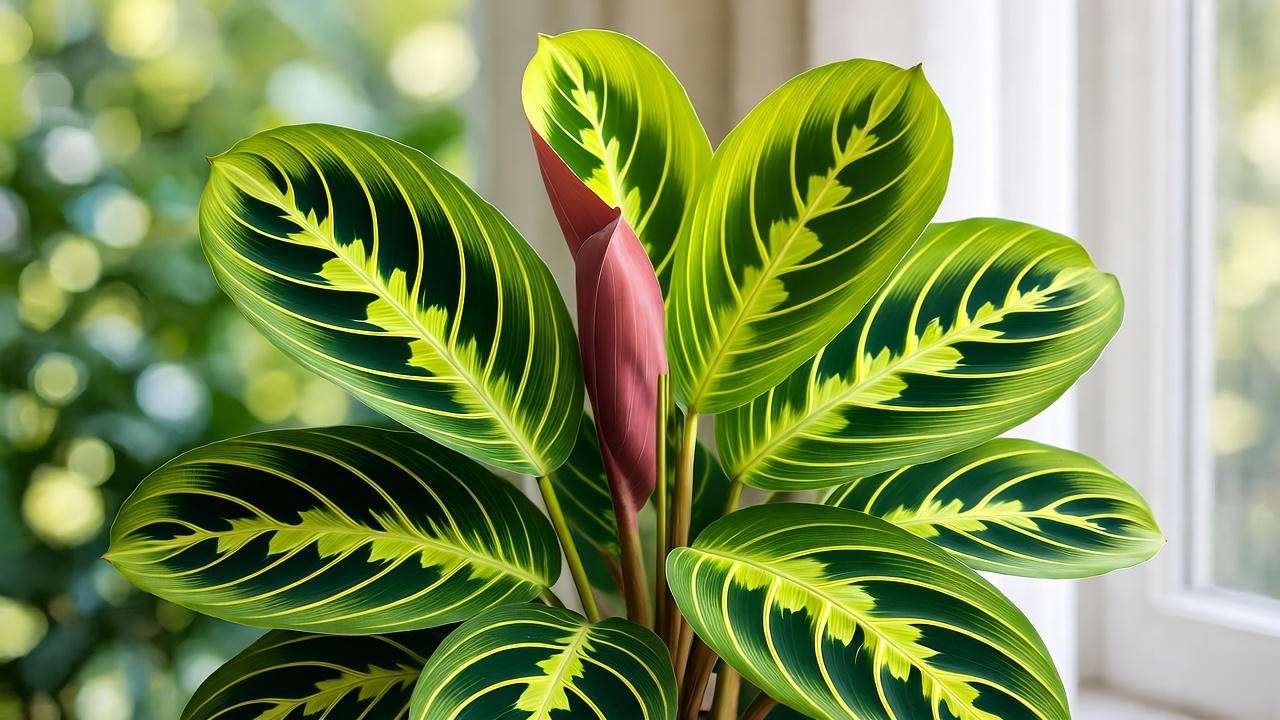 Lemon Lime Prayer Plant thriving in bright indirect light near a window with sheer curtains."