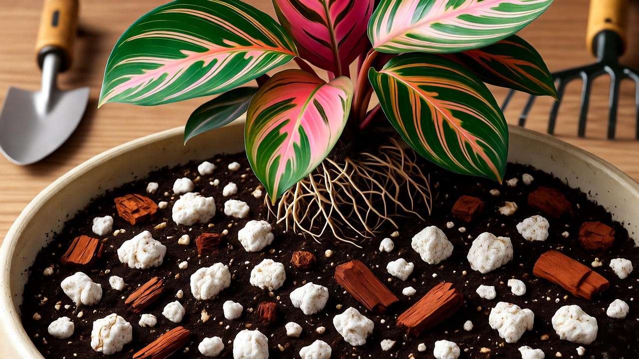 Variegated calathea plant in well-aerated soil mix with gardening tools on a wooden surface".