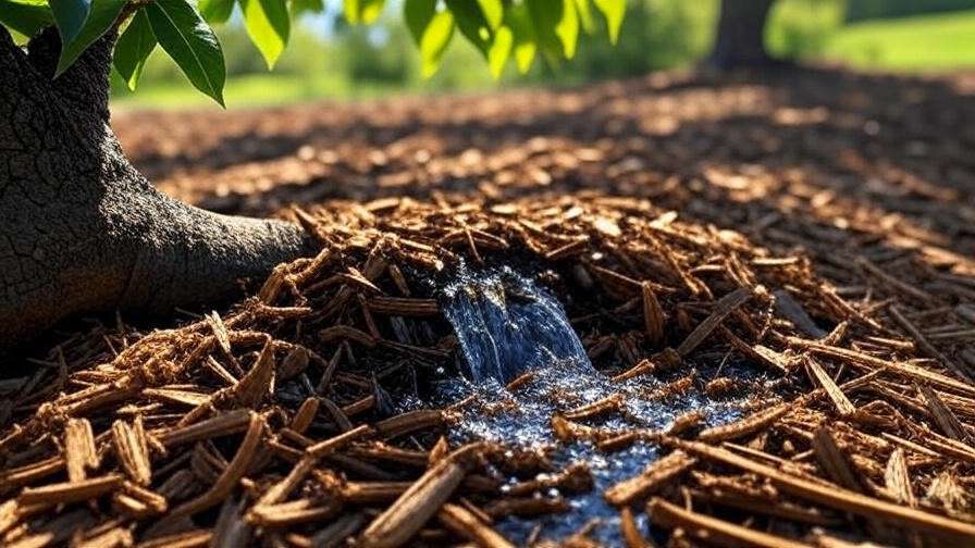 "Cherry tree with drip irrigation and mulch for drought care."