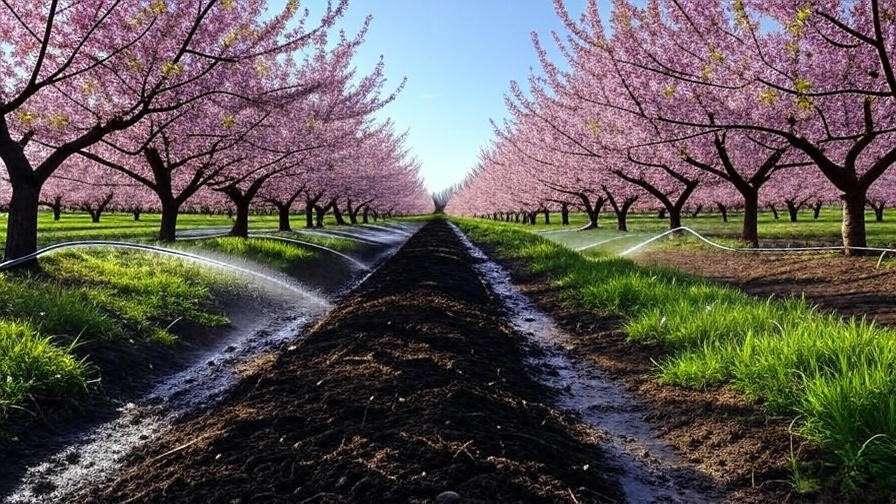 Cherry orchard with drip irrigation system for optimal watering to prevent fruit drop."
