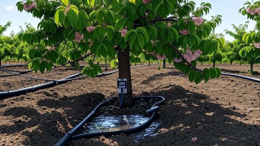 Cherry tree with drip irrigation and moisture meter in a thriving orchard".
