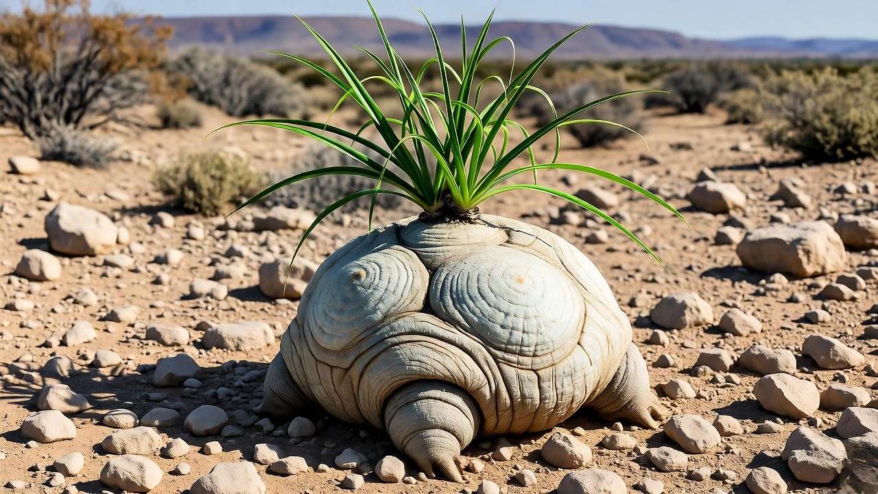 Dioscorea elephantipes plant in its natural arid South African habitat with rocky soil and sunlight."