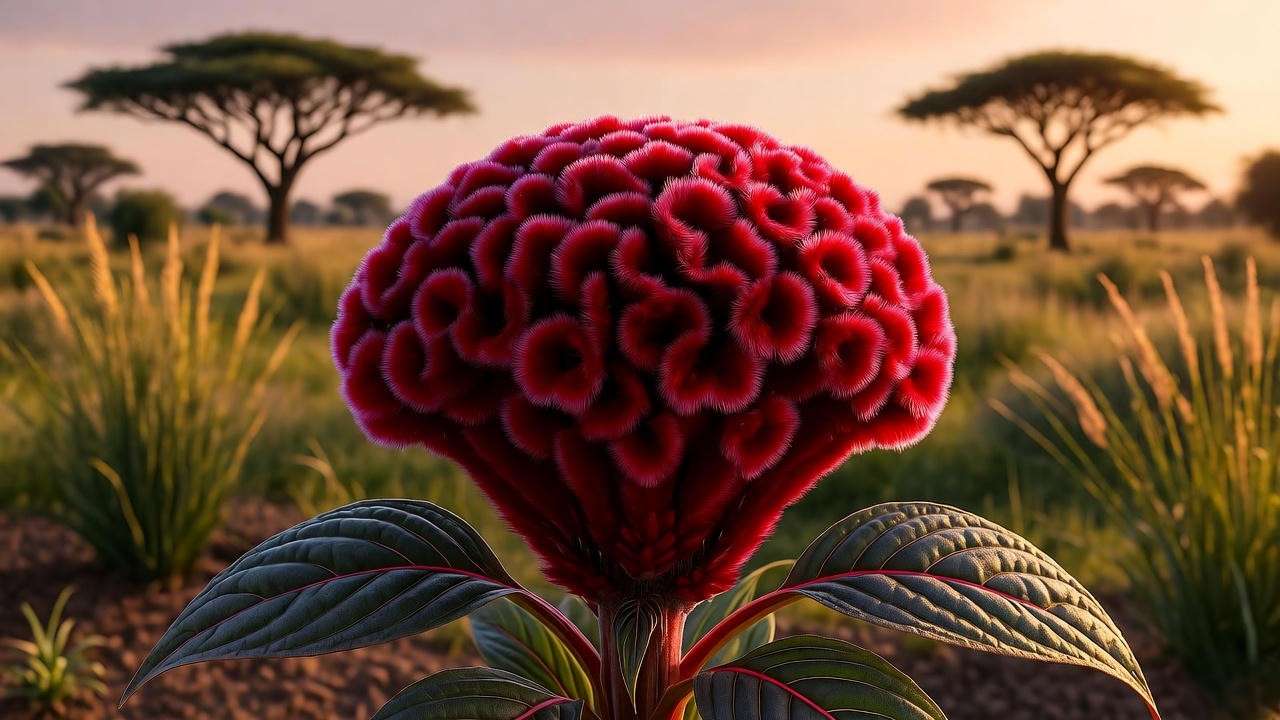 Close-up of Celosia Dracula plant origins in African savanna garden with crimson crested blooms and green foliage for exotic variety inspiration.