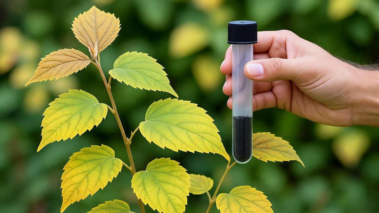 gardener inspecting honey berry plant with yellowing leaves"