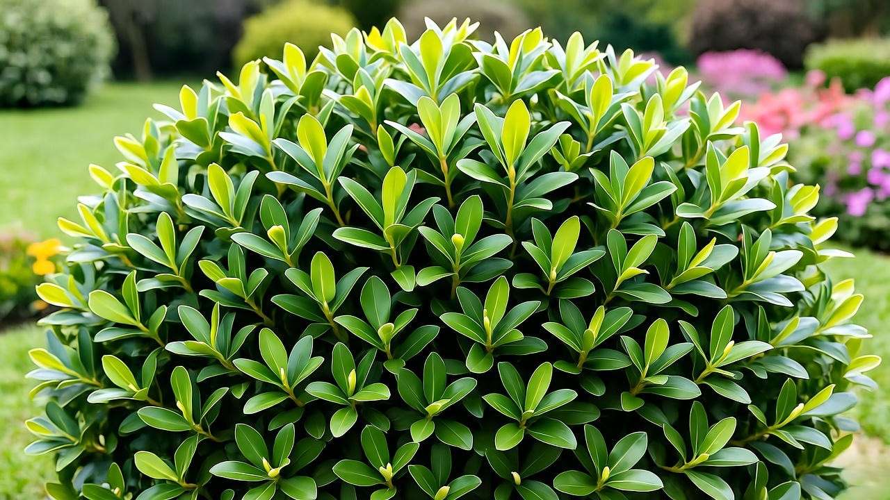 "Maki Podocarpus plant forming a lush outdoor hedge with colorful companion plants."