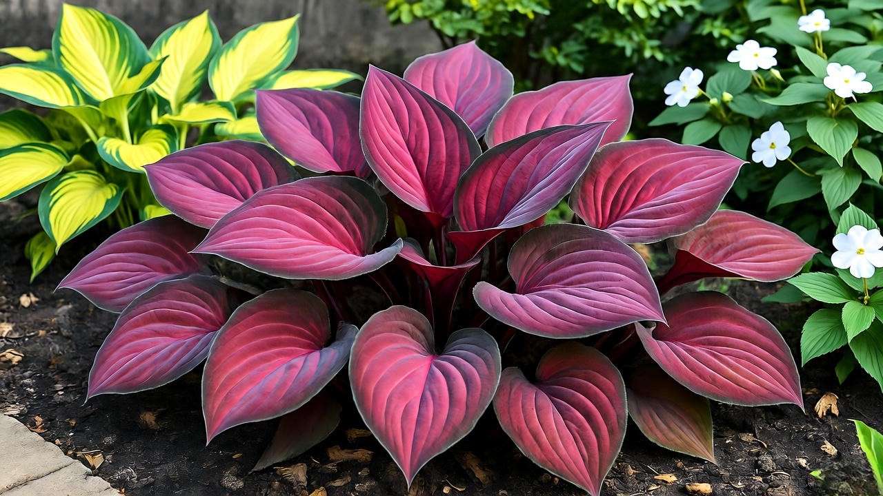 Dragon’s Tongue plant as vibrant ground cover in a shaded outdoor garden with hostas."