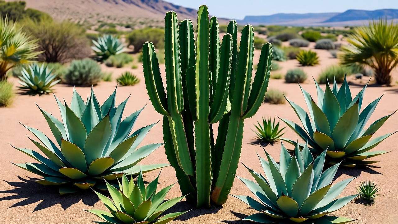 Pencil cactus in an outdoor xeriscape garden with agave and aloe under bright sunlight."