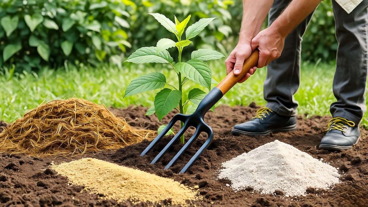 Gardener aerating soil around an overwatered outdoor plant for better drainage".