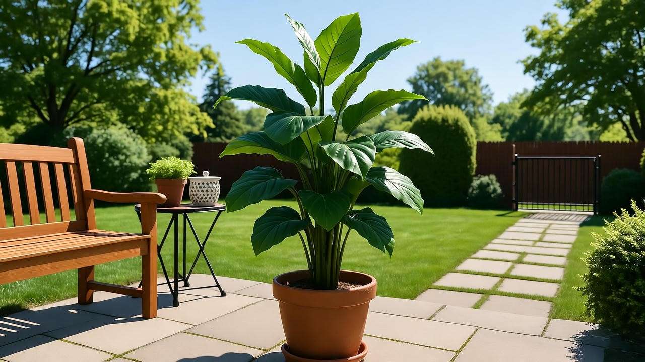 Faux ficus plant on outdoor patio with stone tiles and wooden bench in sunlight".