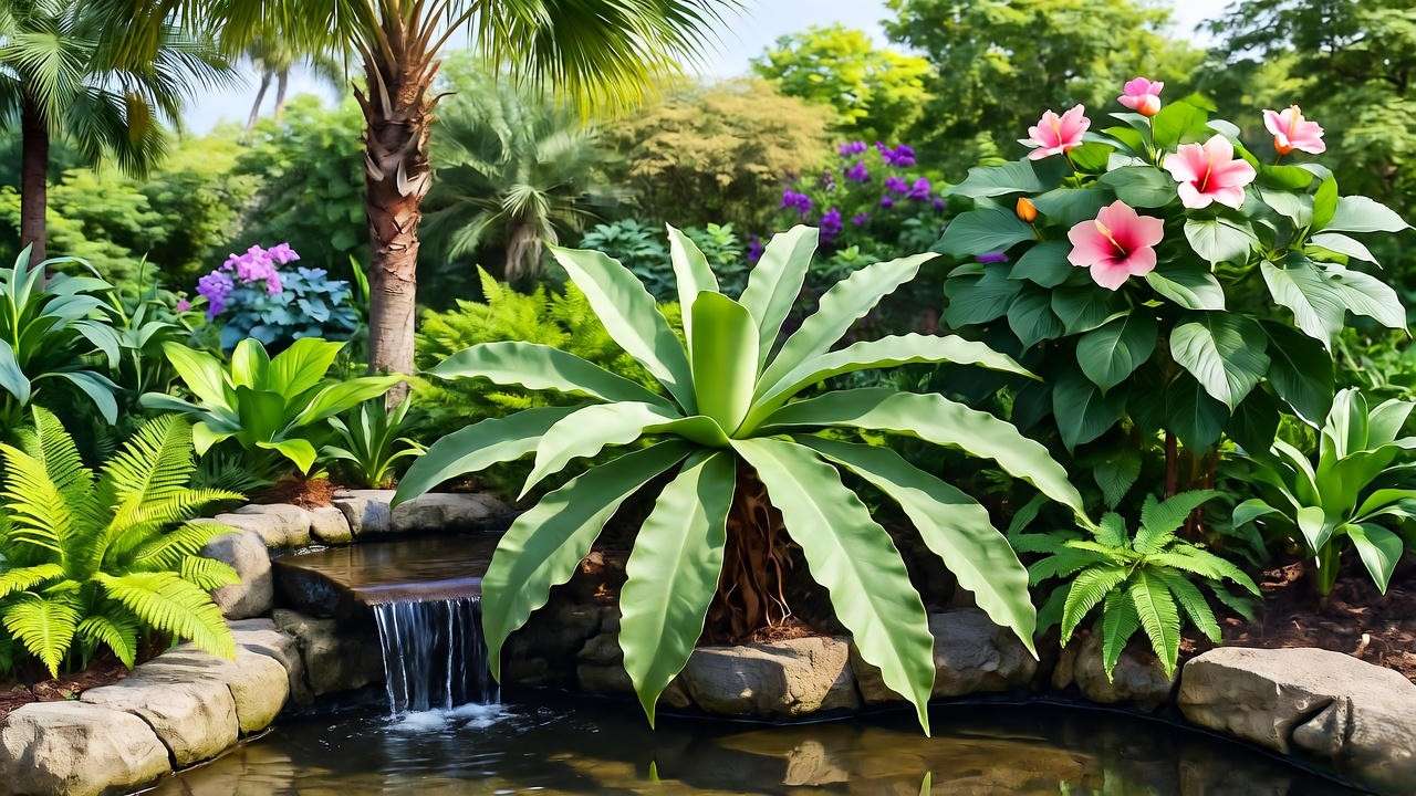 Outdoor octopus plant as focal point near water feature with tropical plants."