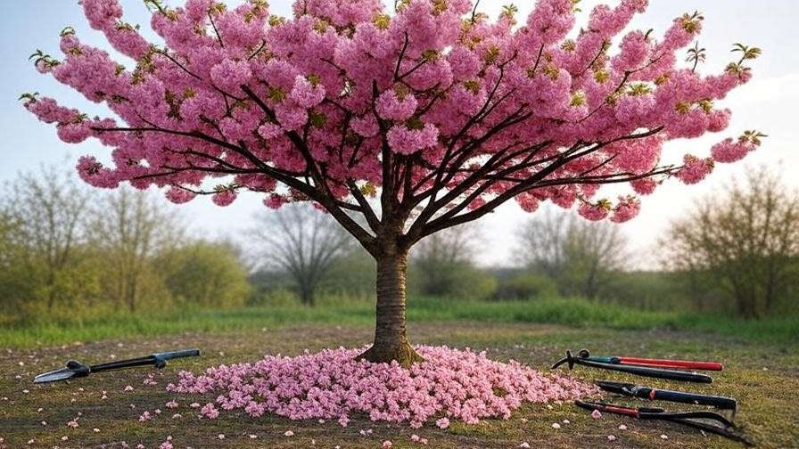 "Healthy cherry tree with open canopy and pruning tools on the ground."
