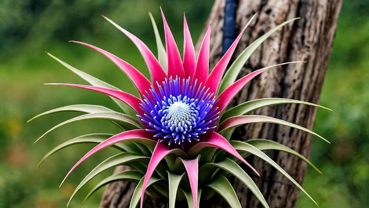 Close-up of a Cyanea air plant with pink bracts and purple flowers on driftwood, showcasing healthy growth."