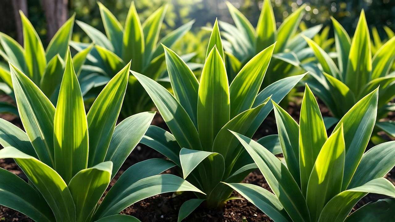 Close-up of thriving flax lily varieties with green and variegated foliage in a sunny garden bed.