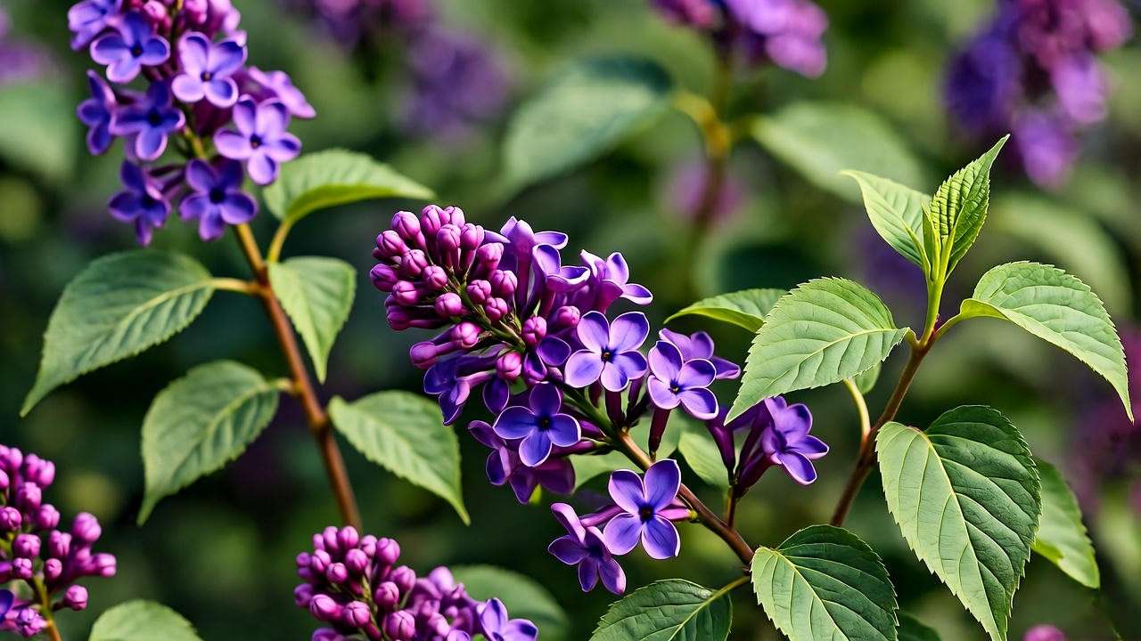 Close-up of Persian lilac plant with vibrant purple blooms and green leaves in a garden."