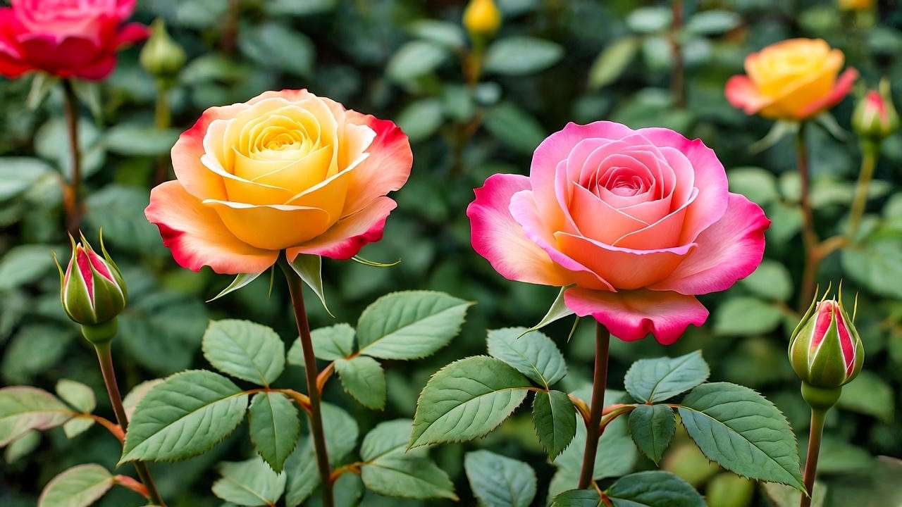 Vibrant Joseph's Coat rose plant with multicolored blooms in a sunlit garden.