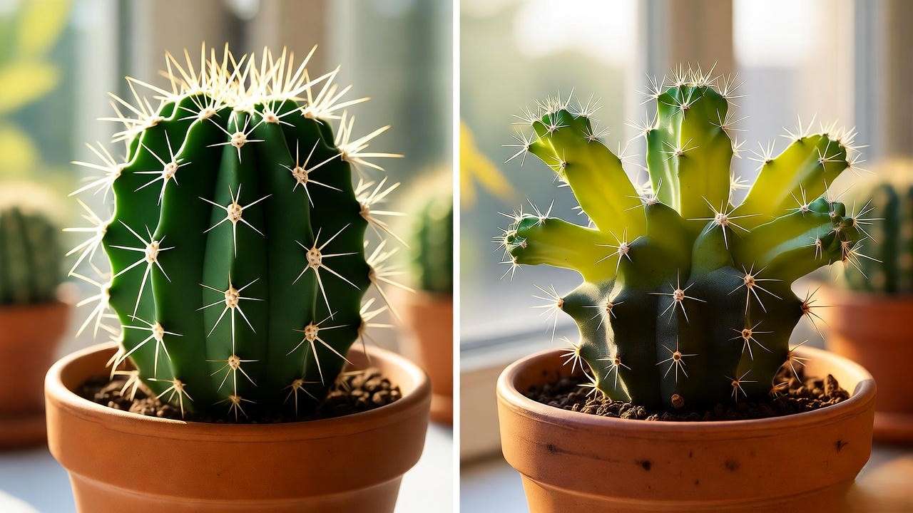 before and after overwatering damage on hedgehog plant with root rot