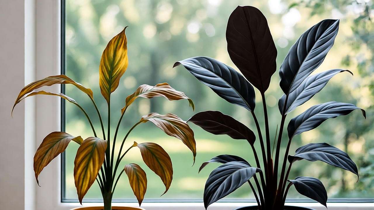 Split view of a wilting and healthy black leaf plant near a bright window.
