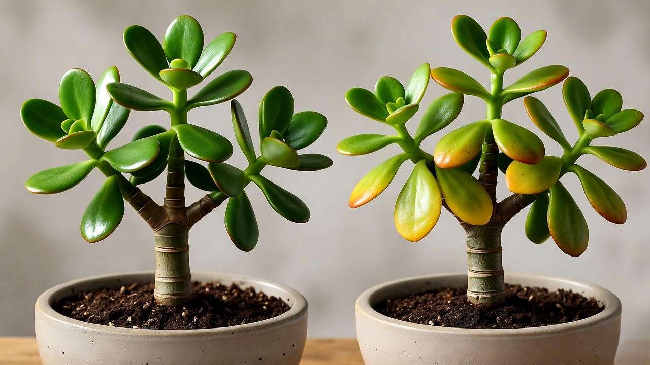 Comparison of healthy and overwatered jade plant bonsai".