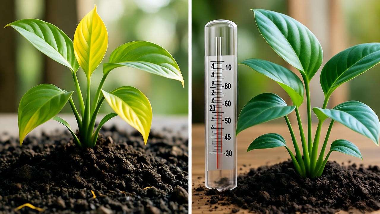 Close-up of overwatered houseplant with yellow leaves next to healthy plant with moisture mete
