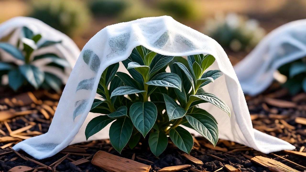 Dipladenia plant protected with frost cloth and mulch in a winter garden setting."