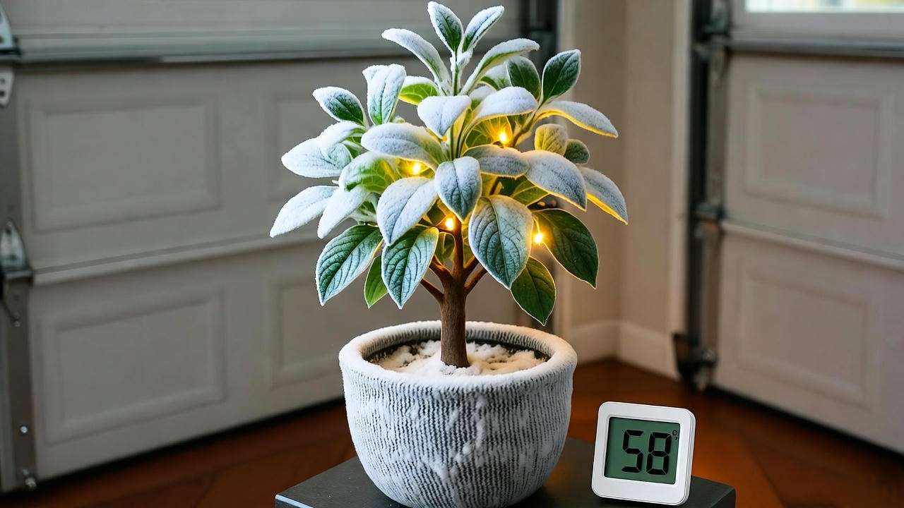 Citrus medica Etrog tree overwintering in garage with frost blanket and heat lights