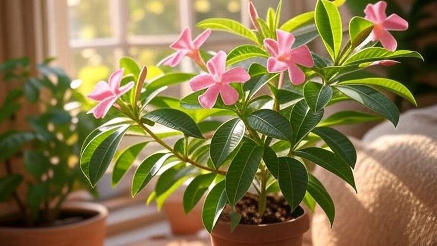 Dipladenia plant indoors near window with grow light in winter".