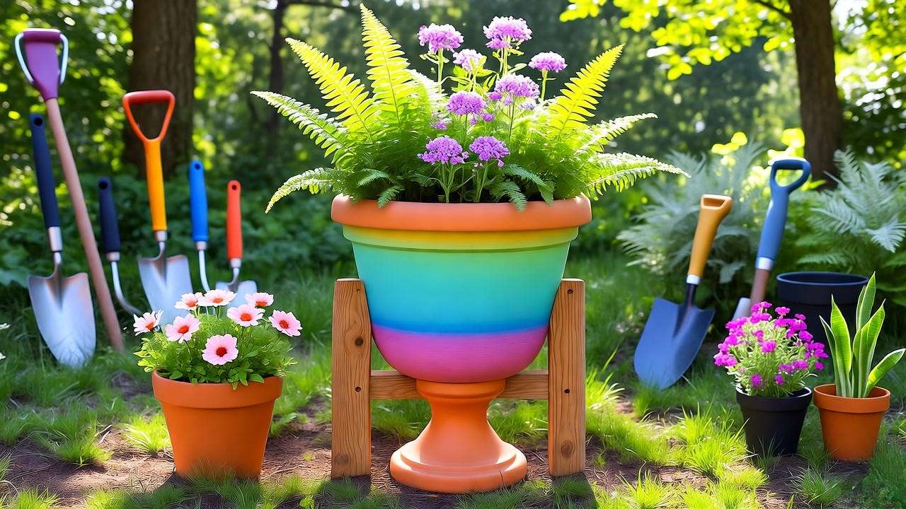 Painted terracotta pedestal planter with DIY stand in a garden setting".