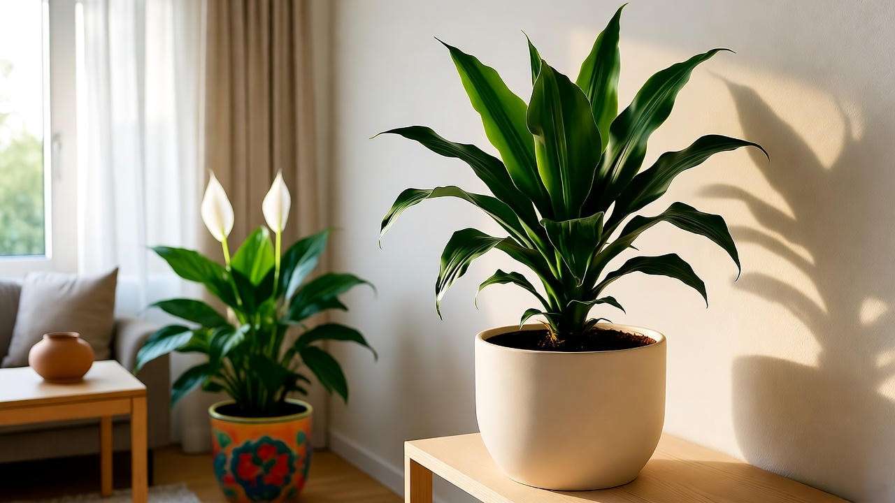 Dracaena compacta plant styled with peace lily on a minimalist shelf"