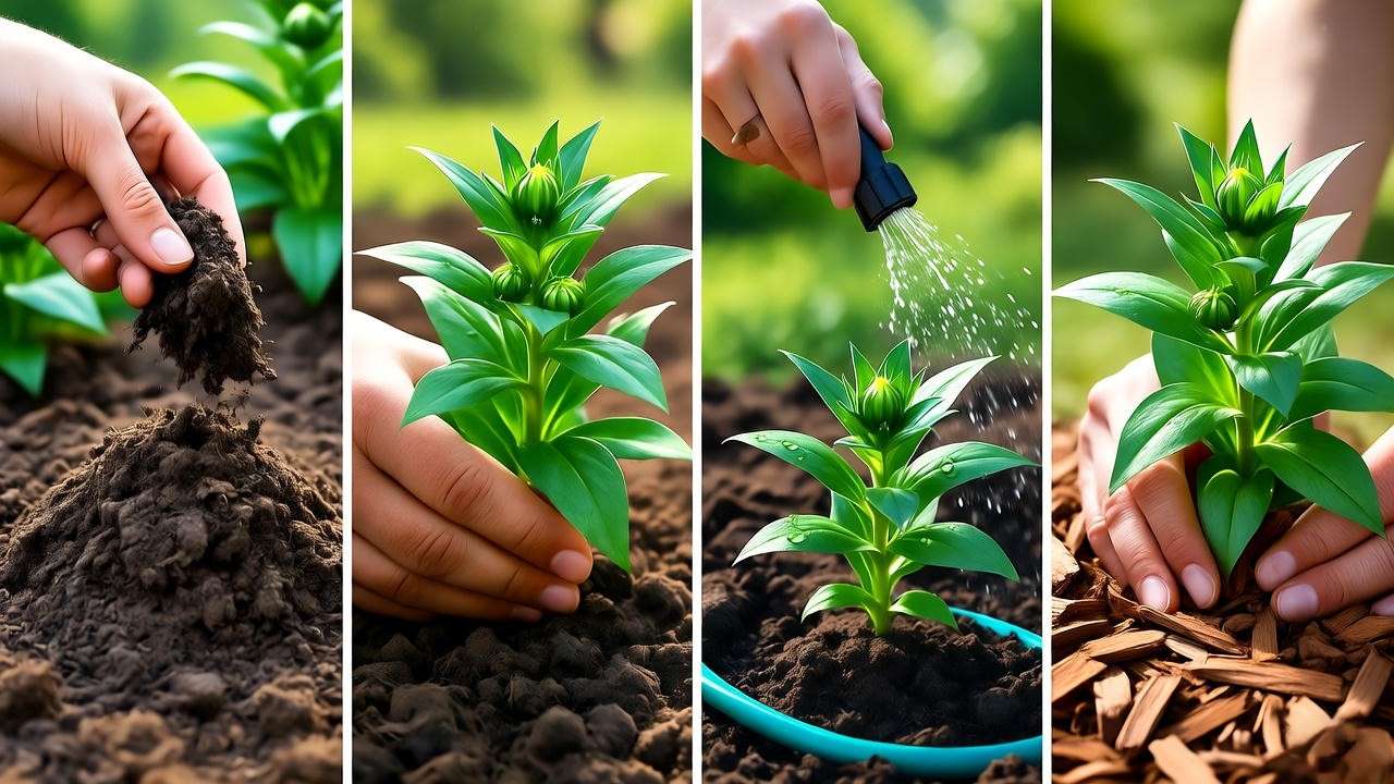 Step-by-step aster plant care with composting, watering, and mulching in a sunny garden".