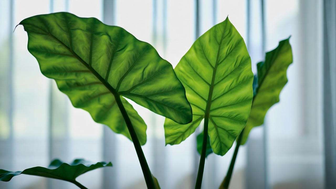Alocasia plant thriving in bright indirect light near a window with sheer curtains"