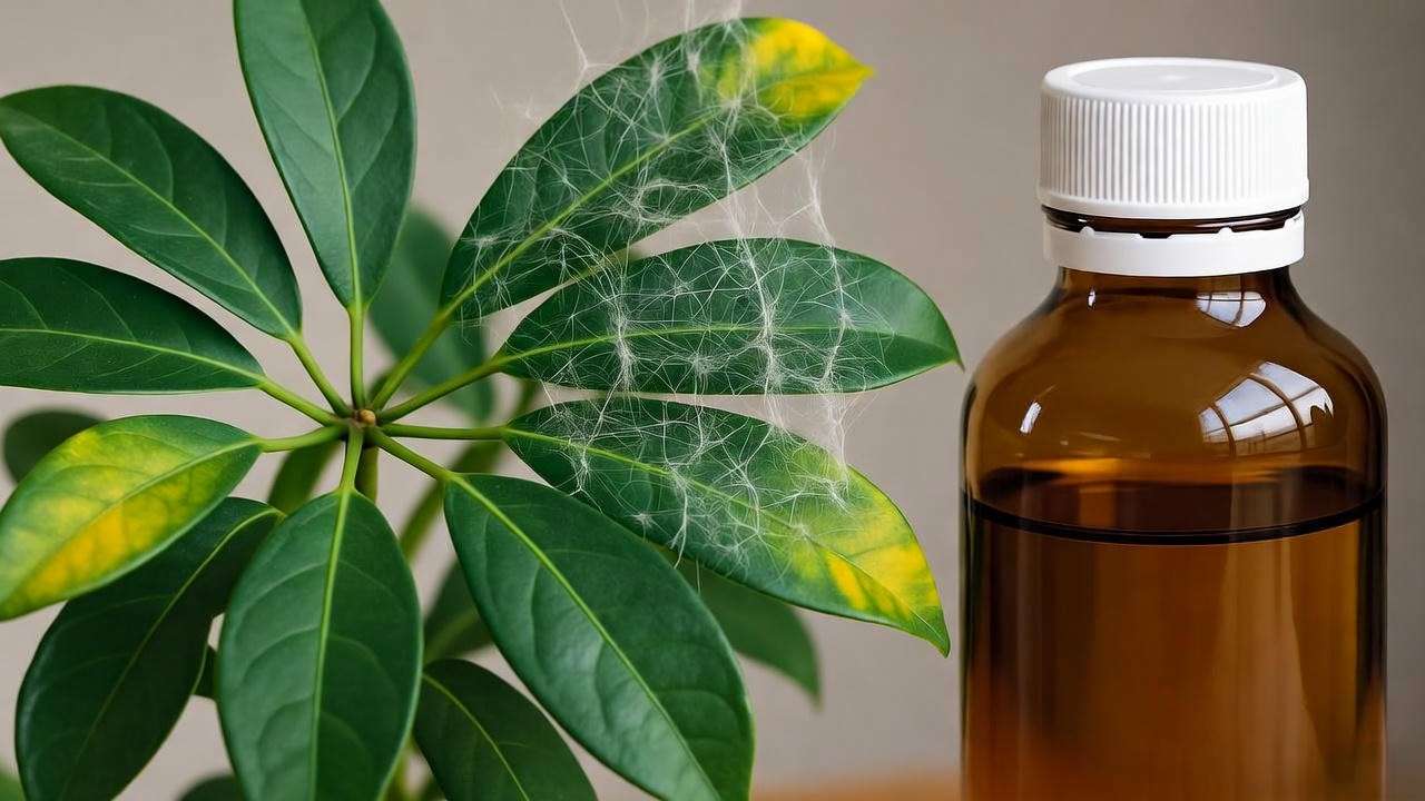 Schefflera plant with spider mites and neem oil for pest control."
